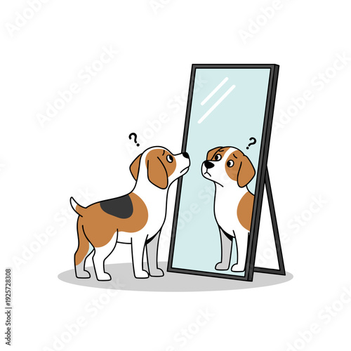 Curious beagle dog looking at mirror reflection with confused expression indoors. Concept of self recognition and animal behavior