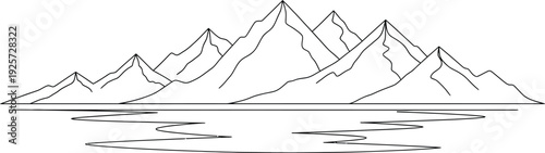 Simple black and white line art drawing depicting a majestic mountain range reflecting clearly upon a calm body of water in a minimalist outdoor landscape scene