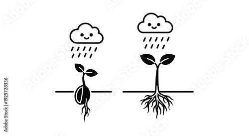 Plant growth stages from seed to sprout depicted in black silhouette