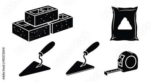 Construction tools and brickwork depicted in a striking black silhouette