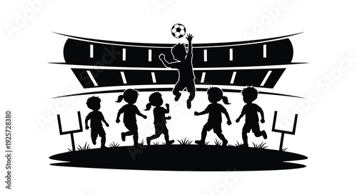 Children playing soccer in front of stadium stands a striking silhouette