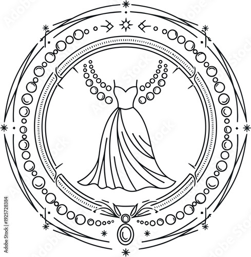 Elegant line art design featuring a draped evening gown encircled by intricate decorative elements suggesting luxury and bespoke tailoring for fashion branding purposes