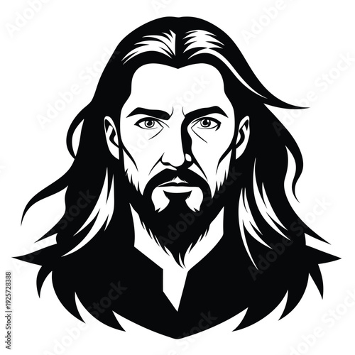 a long hair and bearded man silhouette line art vector illustration with a white background