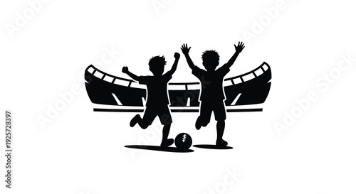 Two joyful children celebrate with a soccer ball in front of a stadium silhouette