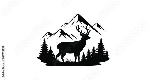 Majestic stag stands before mountains and trees a striking silhouette