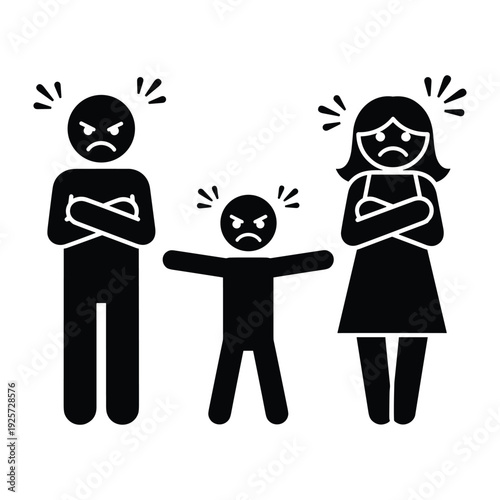 Minimalist icon representing family dispute with angry parents and child during domestic conflict situation