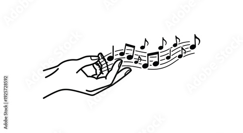 Musical notes flowing from a hand artistic depiction in black and white silhouette