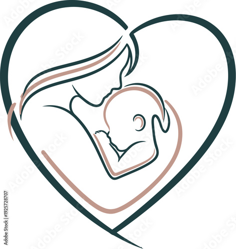 Minimalist line art logo depicting a mother tenderly holding her newborn baby within the nurturing outline of a large heart symbolizing endless love and family bonds for maternity care.