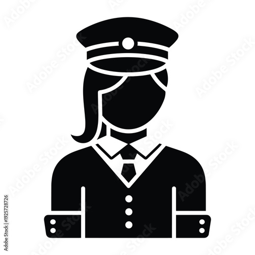 Black silhouette icon of a professional woman pilot wearing formal uniform and hat