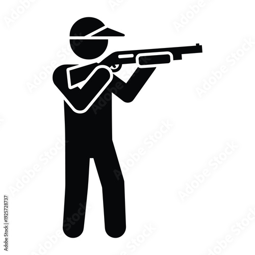 Black silhouette of a man holding a long gun aiming at a target