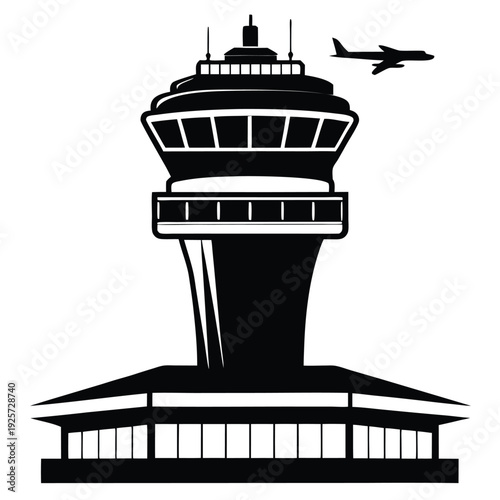 air traffic control tower silhouette line art vector illustration with a white background