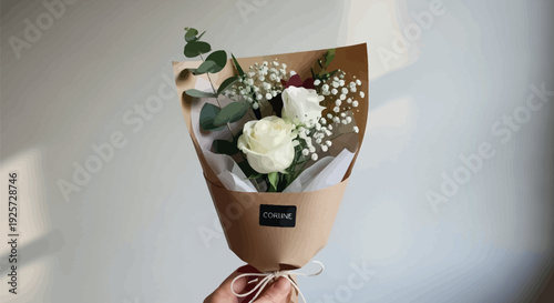 Hand holding a small beautifully wrapped minimalist bouquet featuring two perfect white roses with delicate baby's breath and lush green eucalyptus leaves against a soft bright background.