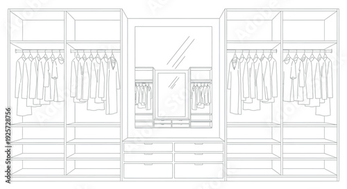 Detailed line art illustration of a modern built-in wardrobe system featuring ample hanging space open shelving and central dresser drawers for bedroom storage design concepts