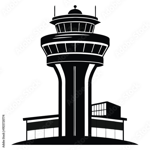 air traffic control tower silhouette line art vector illustration with a white background