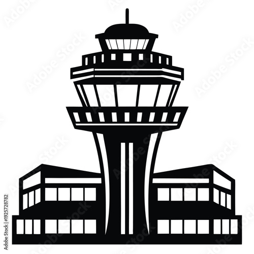air traffic control tower silhouette line art vector illustration with a white background