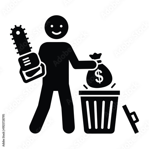 Smiling person holding power tool while discarding bag of cash into garbage bin