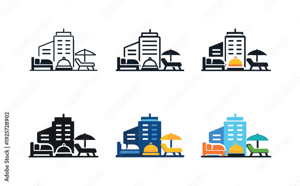 Obraz premium Luxury hotel concept icon showing a high-rise building with symbols for bed, bell, and lounge amenities, representing modern
