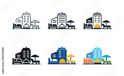 Luxury hotel concept icon showing a high-rise building with symbols for bed, bell, and lounge amenities, representing modern