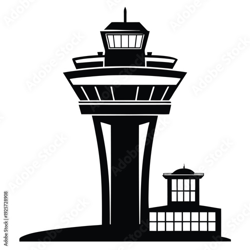 air traffic control tower silhouette line art vector illustration with a white background