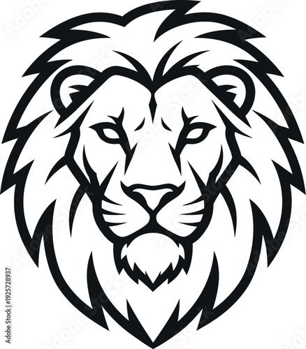 Majestic black and white stylized lion head graphic design featuring sharp lines perfect for a powerful sports team logo or fierce brand identity symbol