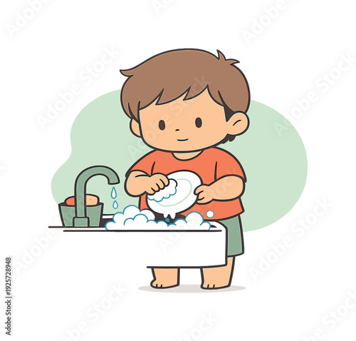 Child Dishwashing Scene. Small child helps wash dishes at a sink, holding a plate while soap bubbles gather and water drips softly