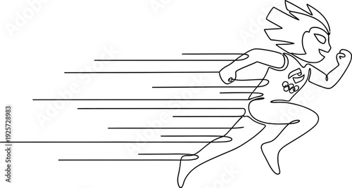 Single line continuous drawing depicting a dynamic and stylized masked runner character sprinting forward with motion lines indicating incredible speed and agility during a race event