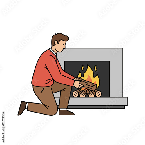Adult man kneeling and adding firewood to burning fireplace at home. Concept of warmth and cozy winter evening