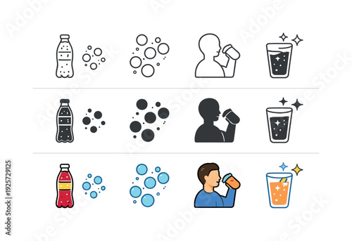 Icon object one for fizzy refreshment, icon object two for carbonated bubbles, icon object three for beverage enjoyment, and icon