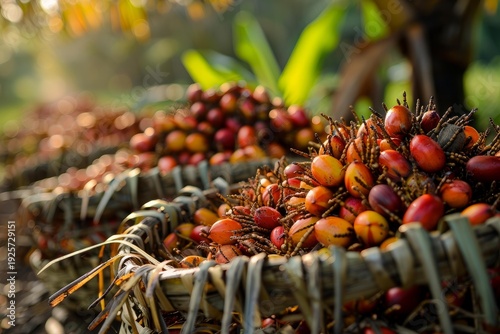 Wallpaper Mural Fresh fruit bunches showing ripe palm oil fruits in woven baskets after harvesting in an oil palm plantation Torontodigital.ca
