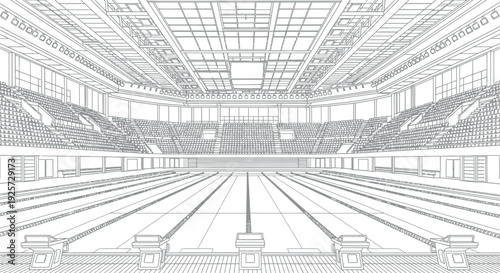 Detailed black and white line art illustration showcasing an empty competitive swimming pool arena with starting blocks and tiered spectator seating ready for a major sporting event.