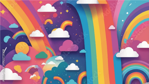 Beautiful nature illustration featuring a colorful rainbow over a green landscape with clouds, summer sun, and spring flowers under a blue sky vector wallpaper