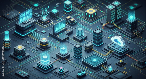 Abstract futuristic digital technology circuit board network.