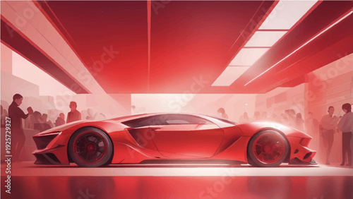 A vintage red toy racing car with a ribbon design speeds along a vector road illustration, showcasing an old automobile model built for fast transportation and sport