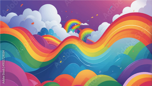 Beautiful nature illustration featuring a colorful rainbow over a green landscape with clouds, summer sun, and spring flowers under a blue sky vector wallpaper