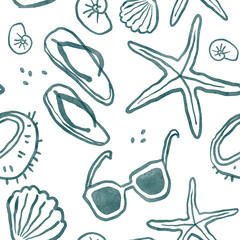 Fototapete Aquarell-Muster-Set 1 A nautical seamless pattern of textile and wallpaper items. Starfish, flip-flops, shell, and sunglasses.  © BloomPix