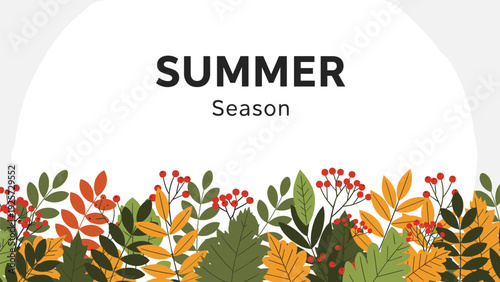 Autumn leaf border with various colorful fall foliage and red berries below the text Summer Season on a light background for designs.
