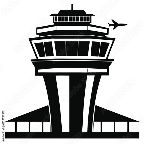 air traffic control tower silhouette line art vector illustration with a white background