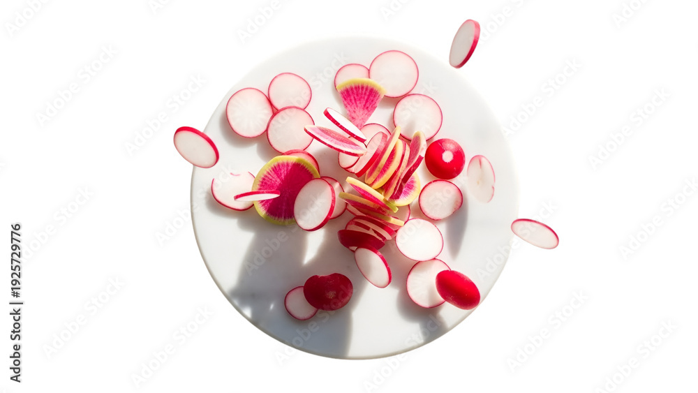 Fototapeta premium Elegant Radishes In Motion On White Plate Artistic Food Still Life