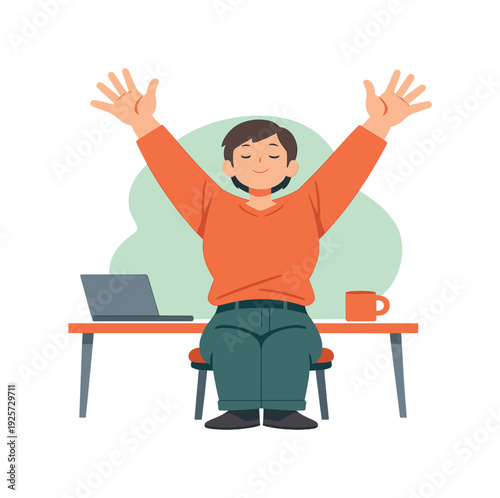 Calm person stretches hands after work near a desk, palms opening wide, fingers easing tension, shoulders lowering gently. | hand