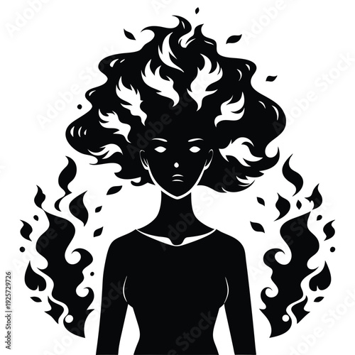 Intense fiery haired woman in silhouette representing inner strength and emotional power
