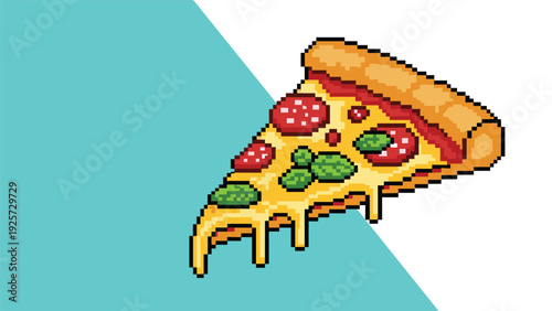 Pixel art illustration of a delicious pizza slice with melting cheese pepperoni and basil leaves on a split color background.