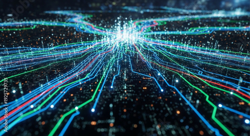 Abstract digital network of glowing lines and nodes.