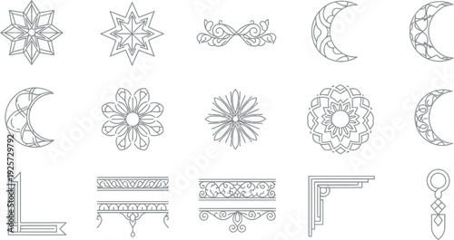 Collection of black line art celestial shapes floral ornaments decorative dividers and elegant corner elements perfect for sophisticated design projects