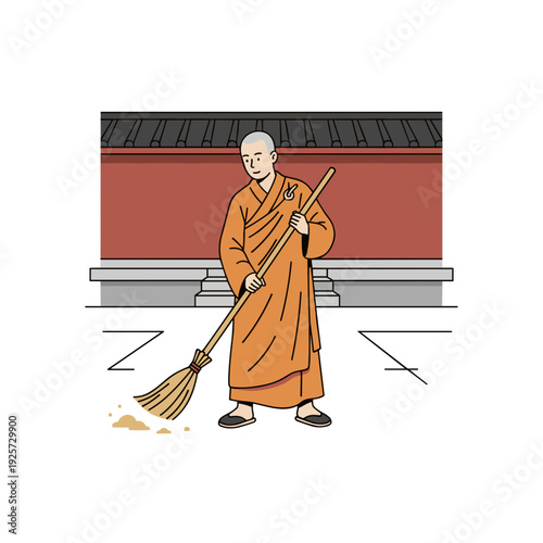 Buddhist monk in orange robe sweeping temple courtyard with broom. Concept of humility and spiritual discipline