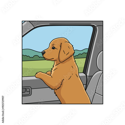 Golden retriever puppy looking out car window from backseat during trip. Concept of pet travel and curiosity