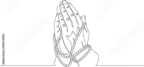 Continuous line art illustration depicting two hands joined together in prayer while holding a string of prayer beads suggesting spirituality faith and devotion in simplicity