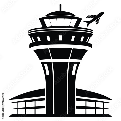 air traffic control tower silhouette line art vector illustration with a white background