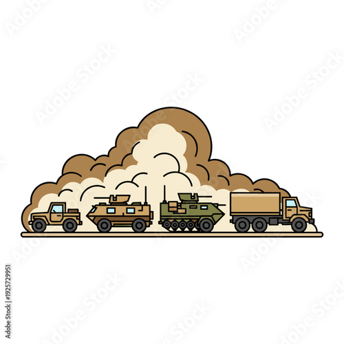 Military convoy of armored vehicles driving through desert raising sand cloud. Concept of conflict and strategic movement
