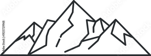 Minimalist black line art depiction of a rugged mountain range peaks showcasing sharp angles and geometric simplicity against a clean white background perfect for design.