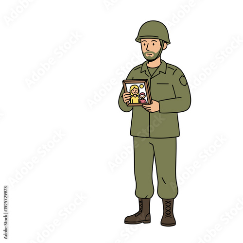 Soldier in uniform holding framed family photo in hands. Concept of sacrifice and longing during service